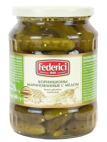 Огурцы корнишоны Federici с медом маринованные, 720мл