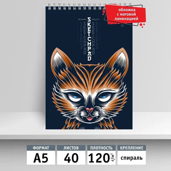 Скетчбук А5, 40л, на спирали. Ночной кот