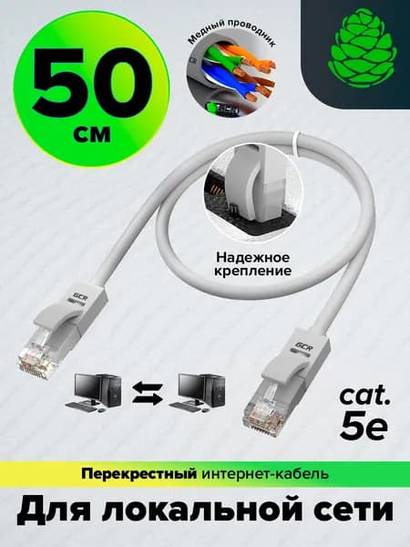 Патч-корд перекрестный для подключения нескольких компьютеров GCR cat5е UTP CCA 1Гбит/c 100Hz 50 см серый экологичный ROHS PVC Lan кабель для интернета патч корд