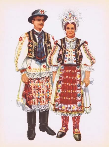 Хорватский народный костюм (Воеводина, Бараня, Торянчи). Владимир Кирин. Антикварная хромотипия. Югославия, 1954 год