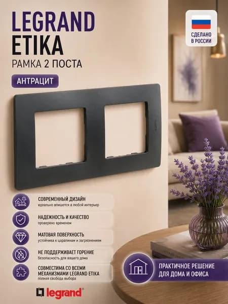 Рамка 2-постовая, антрацит, 1шт, для скрытого монтажа Etika Legrand/Daccord