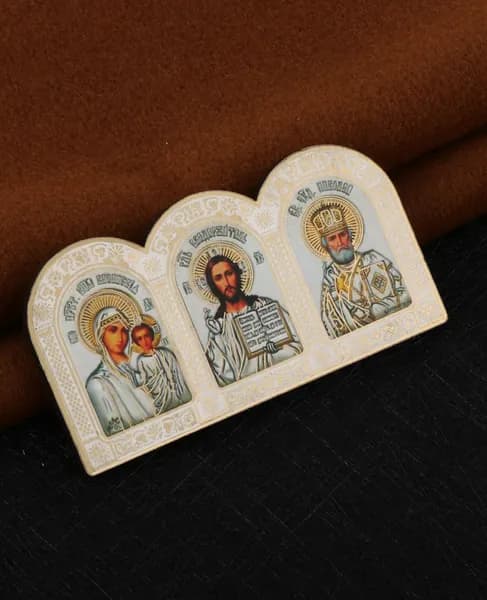 Наклейка-декор православная деревянная триптих икона Святой Николай, Богоматерь Казанская, Иисус Христос Учитель, настольный декор
