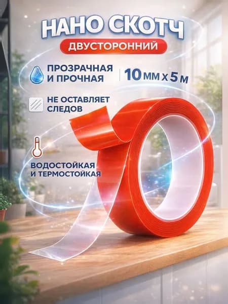 Нано лента двусторонняя 10 мм х 5 м / скотч прозрачный / клейкая лента
