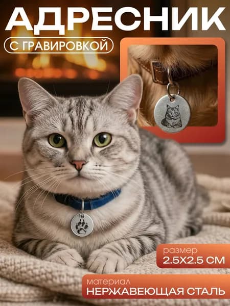 Брелок адресник круглый с гравировкой Сибирская кошка