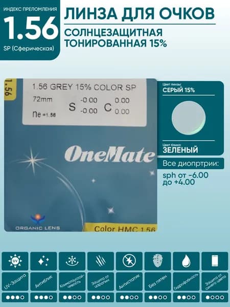 Линзы для очков sph -1.00 солнцезащитные OneMate COLOR серые с легкой 15% тонировкой 1.56 SP HMC сферические