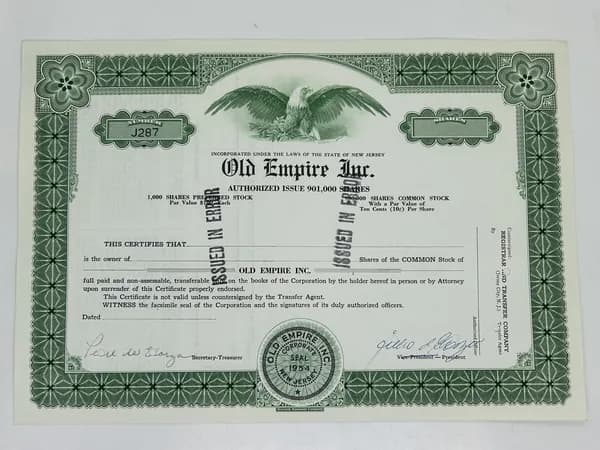 Ценная бумага США OLD EMPIRE INC/ 1954 год
