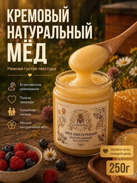 Натуральный мёд кремовый цветочный (луговой, разнотравье) из Башкирии от пчеловодов Пасека Кузнецовых