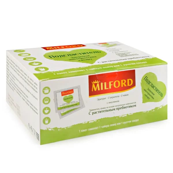 Сахарозаменитель Milford эритрит cукралоза cтевия с инулином порционный по 1 грамму в бумажном пакетике 50 саше
