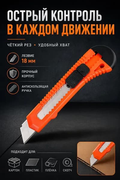 Нож канцелярский с лезвием 18 мм оранжевый