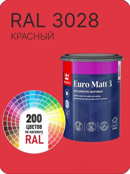 Краска для стен и потолков Tikkurila Euro Matt 3 абсолютно матовая красный Ral 3028 0.9 л.
