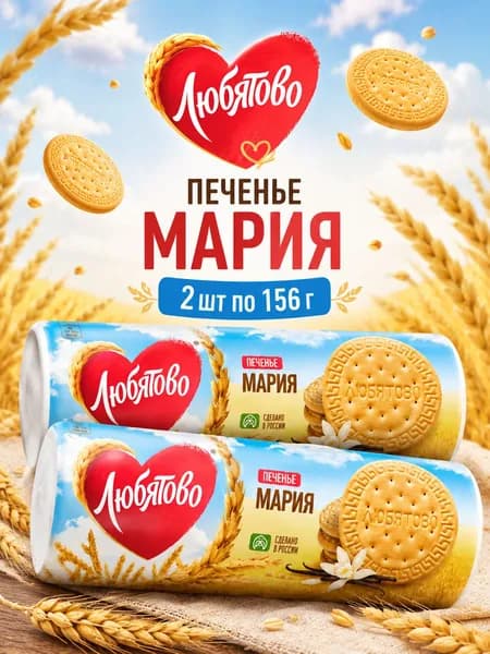 Любятово, Печенье затяжное "Мария", 2 шт х 156 г, Россия
