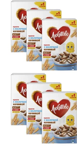 Подушечки Любятово пшеничные с молочной начинкой, комплект: 6 упаковок по 220 г