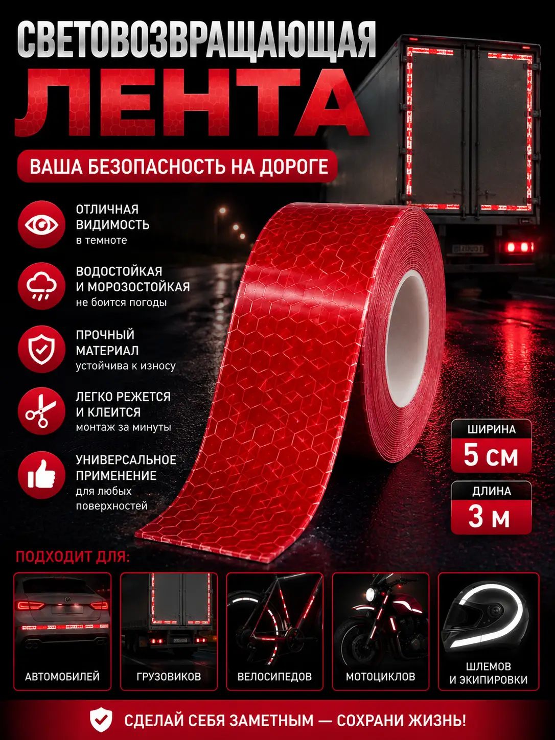 Светоотражающая предупреждающая лента, красная, 5см*3M