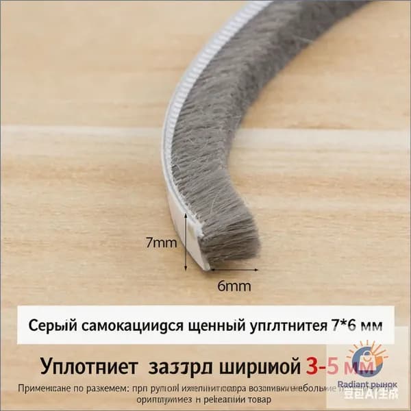 Самоклеящаяся щетка-уплотнитель 7х6 мм, 5 м, серый, для окон и дверей от сквозняка и пыли