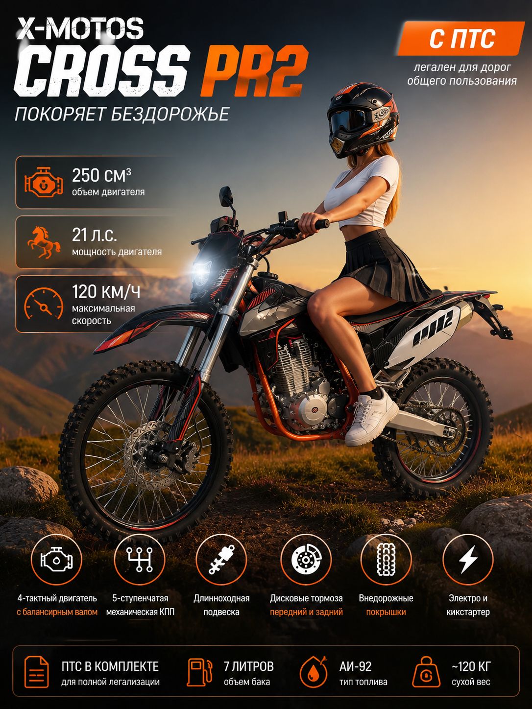 Кроссовый мотоцикл X-MOTOS CROSS PR2 с ПТС (черный)