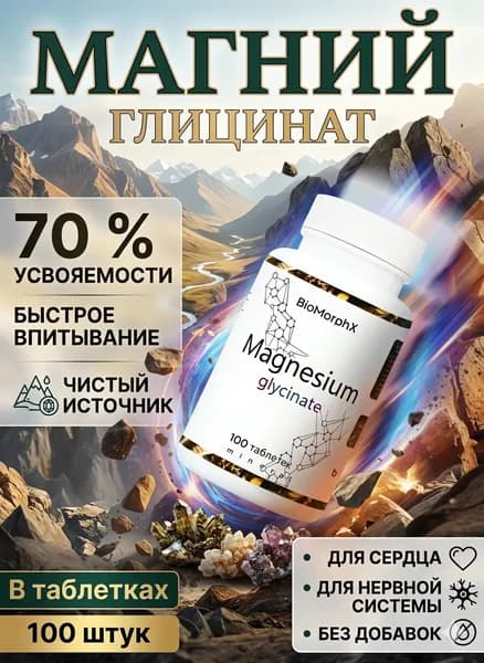 Магний Глицинат 100 таблеток Хелат Бисглицинат / magnesium glycinate 200 мг / BIOMORPH