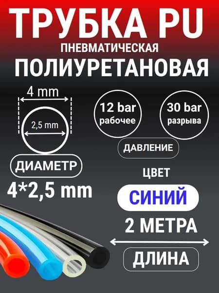 Трубка пневматическая полиуретановая (PU) 4 мм x 2 мм, 2 метра (Синий)