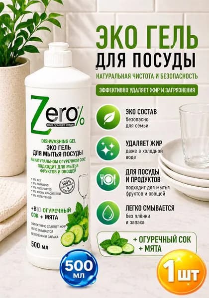 Эко гель ZERO для мытья посуды, фруктов и овощей на натуральном огуречном соке, 500 мл х 1шт