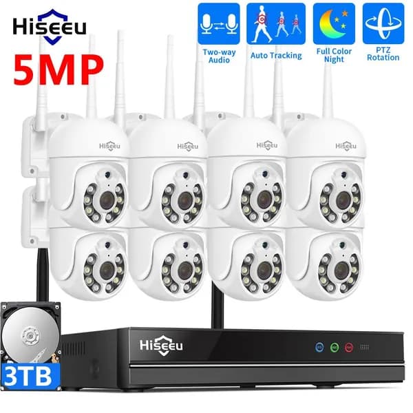 Hiseeu WiFi PTZ Комплект камеры видеонаблюдения,10CH NVR Набор,5MP 8 IP камеры,3TB жесткого диска, Цветная ночного видения,Автоматическое отслеживание,Двусторонняя аудиосвязь, P2P