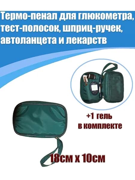 Термо-пенал для хранения глюкометра, тест-полосок, шприц-ручек, автоланцета и лекарств 180мм х 100мм/ плюс 1 гель в комплекте