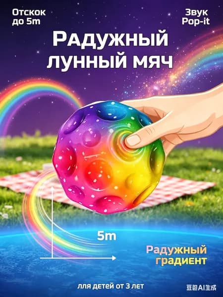 Игрушка-попрыгунМяч-попрыгун лунный радужный 6см, отскок до 5м, антистресс с звуком pop-it, резиновый, для детей и взрослых