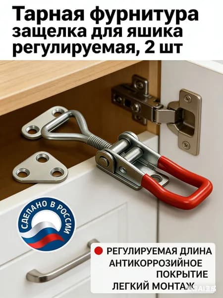 Тарная фурнитура защелка для ящика регулируемая, металлическая, набор 2 шт / серебристая
