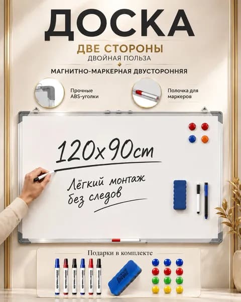 Доска магнитно маркерная двусторонняя 90*120 см с алюминиевой рамкой, магнитная настенная доска для дома, офиса, обучения, стираемая