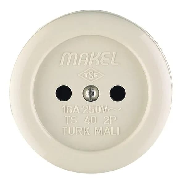 Розетка одноместная Makel 16А IP20 круглая без заземл. керамика беж. 16012, 16 А, IP20, открытый монтаж, бежевый