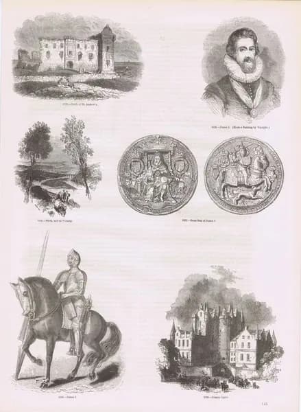 Старая Англия 251. Король Яков I, Большая печать короля, город Перт и его окрестности, замки Глэмис и Сент-Эндрюс в Шотландии. Антикварная гравюра (ксилография). Англия, 1864 год