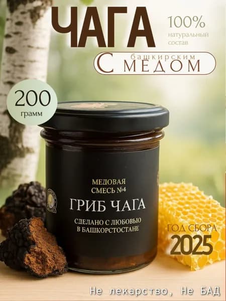 Чага натуральная березовая балхам с медом, Мед натуральный, Башкирский, вегетарианский продукт, правильное питание, 200гр,