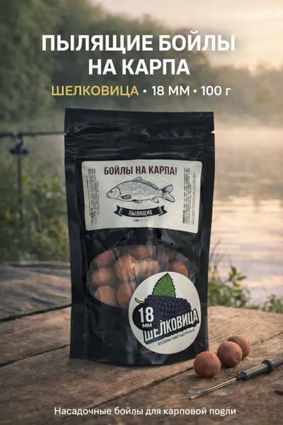 Пылящие бойлы На Карпа!, 18 мм, 100 г, Шелковица - насадочные бойлы для волосной оснастки, приманка для рыбалки, зип-пакет