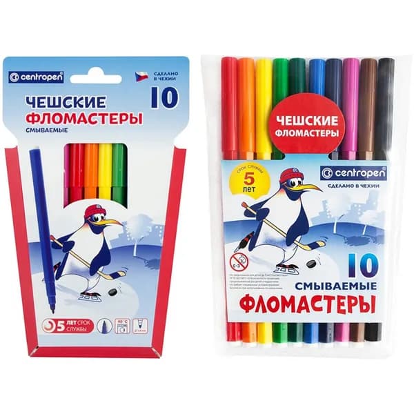 Фломастеры для рисования набор Centropen "Пингвины", 10 цветов, смываемые, картон. упак. с европодвесом/ПВХ