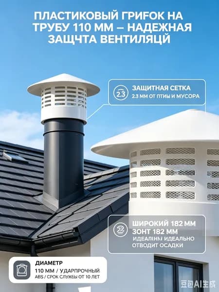 Грибок на трубу 110 мм пластиковый, вентиляционный зонт дефлектор для канализации и вентканала, оголовок для вытяжки кровельный, белый