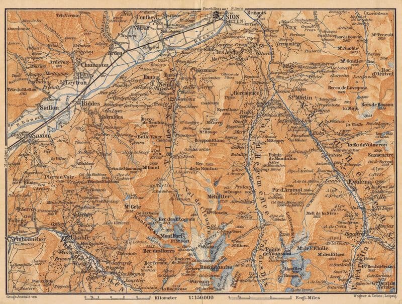 Карта (план). Швейцария. Кантон Вале. Долины Ненда и Валь-д'Эренс. Сьон, Росабланш. Смешанная техника. Германия, Лейпциг, 1905 год