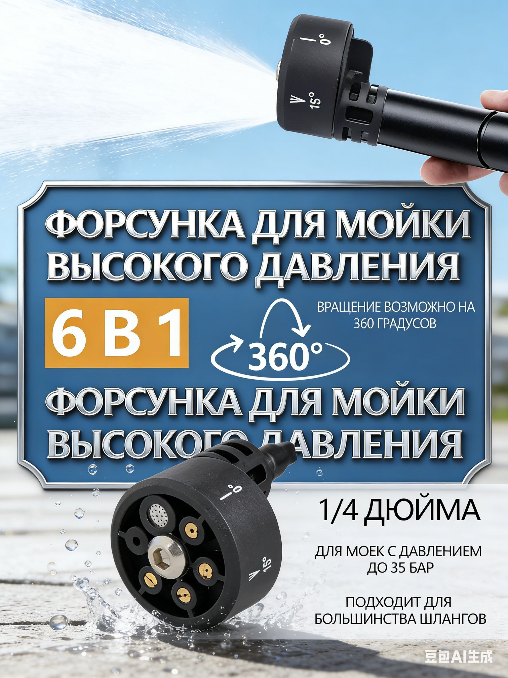 Латунная форсунка 6 в 1 для мойки высокого давления, быстроразъемная насадка с регулировкой распыла для автомобиля и дома