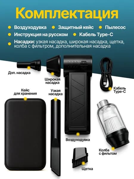 5в1 Воздуходувка аккумуляторная мощная, ручной пылесос TURBO 160, 6000 мАч, 5 насадок, 4 режима, c защитным кейсом и TYPE-C