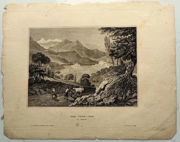 Антикварная гравюра. Вид на озеро Орта. 1840-60 гг.