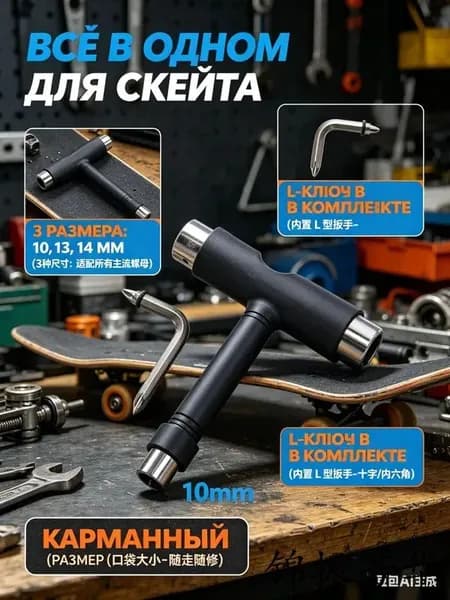 Ключ для скейтборда Т-образный универсальный, мультитул для лонгборда и пенниборда 10/13/14 мм, инструмент для настройки подвески и замены колес