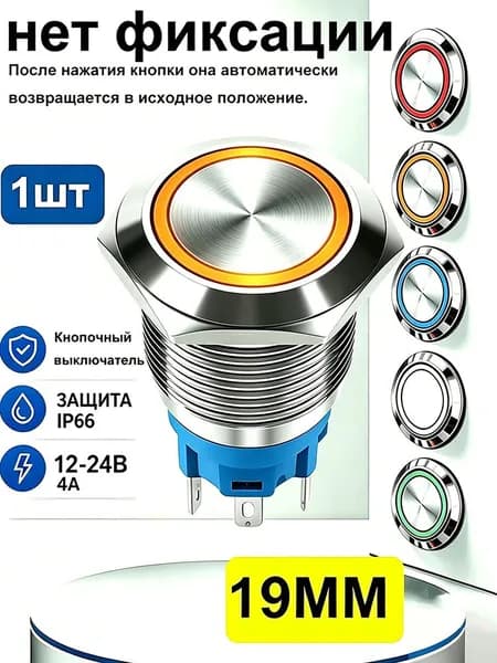 Металлический выключатель 19 мм 12-24 В LED , кольцевым светом/водонепроницаемый /серебристый корпус