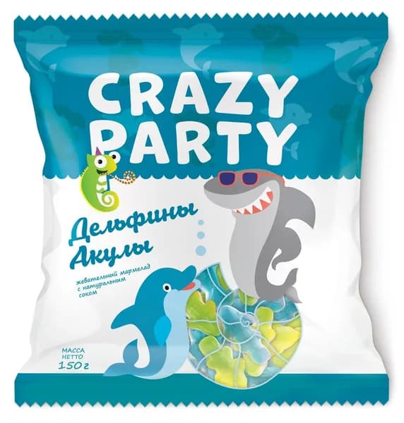 Мармелад жевательный фигурный Азовская кондитерская фабрика "Crazy Party" Дельфины и Акулы со вкусами Ананас-Маракуйя и Лайм, для детей и взрослых, 150г.