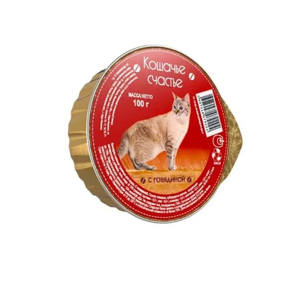Кошачье Счастье Консервы для кошек Паштет с говядиной, 100 г
