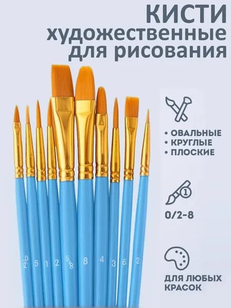 Кисти для рисования акварелью, гуашью, акрилом, набор 10шт, голубой