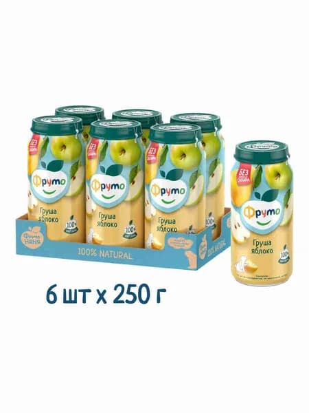 Пюре фруктовое детское ФрутоНяня яблоко, груша, с 5 месяцев, 250 г x 6 шт