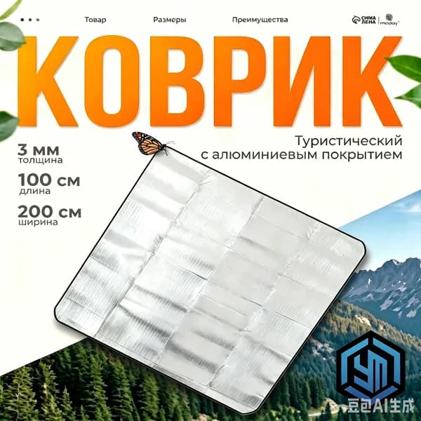 Коврик туристический 100х200х0,2 см, с алюминиевым покрытием