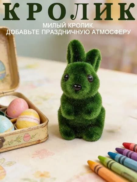 Пасхальный кролик-декоративный сувенир зеленый пенопласт с флизелином, имитация объемного мха