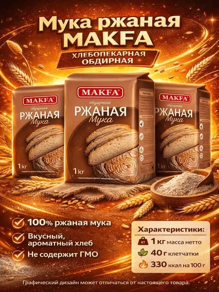 Мука ржаная MAKFA хлебопекарная обдирная, 1кг x 3 шт