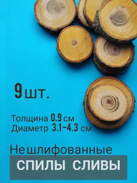 Спилы дерева Сливы, набор 9 шт, заготовки для творчества, d 3,1-4,3 см. h 0,9 см, не шлифованные, не обработаные.