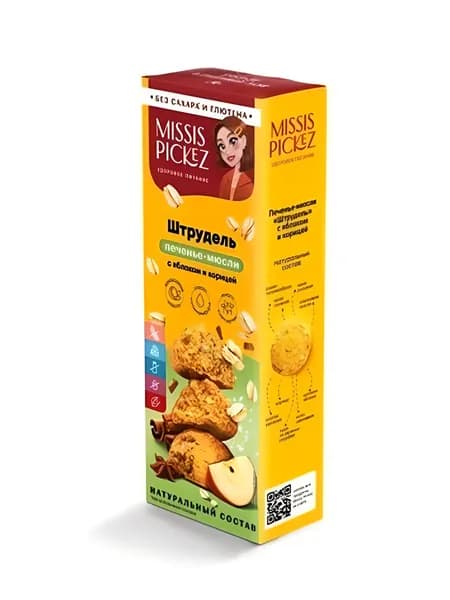 Печенье-мюсли "Missis Pickez",Штрудель с яблоком и корицей Без сахара и глютена 1шт вес 100гр