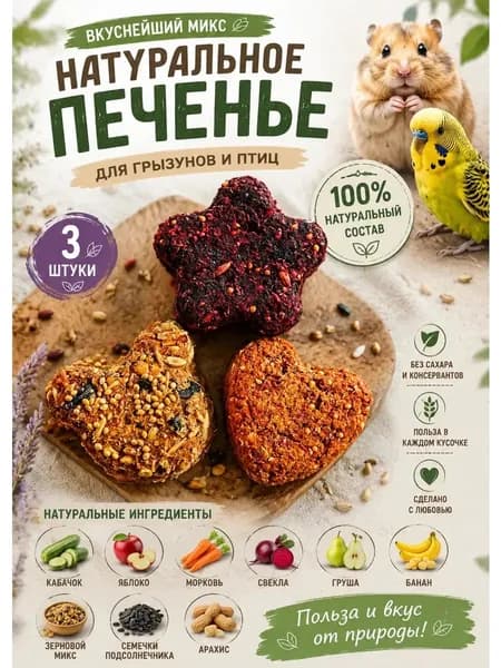 Печенье лакомство для грызунов и птиц, 3 штук