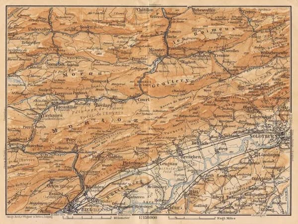 Карта (план). Швейцария. Золотурн и его окрестности. Смешанная техника. Германия, Лейпциг, 1905 год